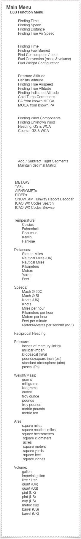 Main Menu
E6B Function Menu
Time, Speed & Distance Menu
Finding Time
Finding Speed
Finding Distance
Finding True Air Speed
Fuel Calculations Menu
Finding Time
Finding Fuel Burned
Find Consumption / hour
Fuel Conversion (mass & volume)
Fuel Weight Configuration
Altitude Calculations Menu
Pressure Altitude
Density Altitude
Finding True Airspeed
Finding True Altitude
Finding Indicated Altitude
Cold Temp Corrections
PA from known MOCA
MOCA from known PA
Effects of Wind Menu
Finding Wind Components
Finding Unknown Wind
Heading, GS & WCA
Course, GS & WCA
Hydroplaning
Reciprocal Heading
Add / Subtract Time
Add / Subtract Flight Segments
Maintain decimal Matrix
Aviation Weather Menu
METARS
TAFs
AIR/SIGMETs
PIREPs
SNOWTAM Runway Report Decoder
ICAO WX Codes Search
ICAO WX Codes Browse
Unit Conversions Menu
Temperature:
Celsius
Fahrenheit
Reaumur
Kelvin
Rankine
Distances:
Statute Miles
Nautical Miles (UK)
Nautical Miles
Kilometers
Meters
Yards
Feet
Speeds:
Mach @ 20C
Mach @ SI
Knots (UK)
Knots
Miles per hour
Kilometers per hour
Meters per hour
Feet per minute
Meters/Metres per second (v2.1)
Reciprocal Heading
Pressure:
inches of mercury (inHg)
millibar (mbar)
kilopascal (hPa)
pounds/square inch (psi)
standard atmosphere (atm)
pascal (Pa)
Weight/Mass:
grams
milligrams
kilograms
ounce
troy ounce
pounds
troy pounds
metric pounds
metric ton
Area:
square miles
square nautical miles
square hectometers
square kilometers
acres
square meters
square yards
square feet
square inches
Volume:
gallon
imperial gallon
litre / liter
quart (UK)
quart (US)
pint (UK)
pint (US)
cup (US)
metric cup
barrel (US)
barrel (UK)
Frequent Questions
About myE6B v2.3